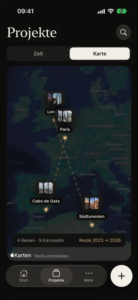 Karte mit den Orten der Reisen und der Route zwischen ihnen