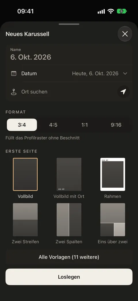 Neues Karussell anlegen: Name, Datum, Ort, Format und Vorlage der ersten Seite