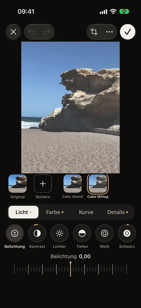 Entwickeln: Vorgaben wie „Cabo Mittag“ und Regler für Licht, Farbe, Kurve und Details