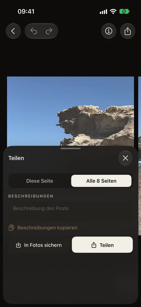 Teilen: diese Seite oder alle Seiten in Fotos sichern oder weitergeben