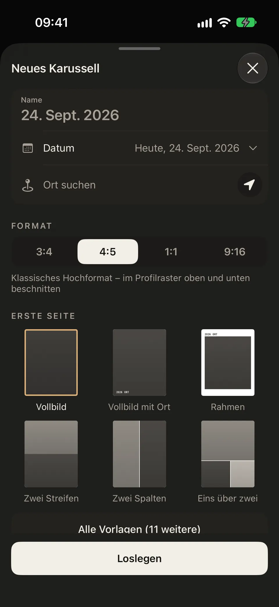 Anlege-Panel mit Name, Datum und Ort; das Format 4:5 ist gewählt, darunter der Knopf „Loslegen“.