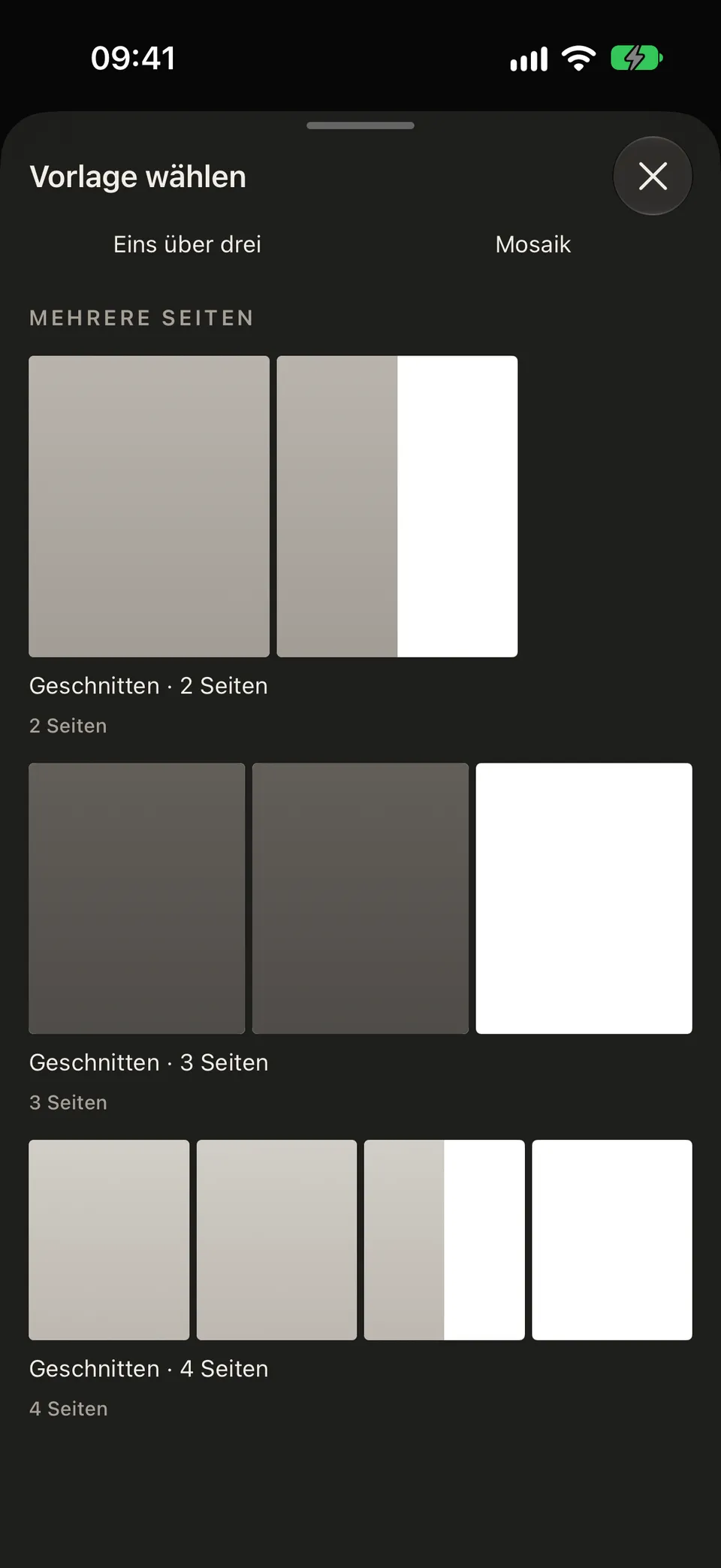 Vorlagen im Editor, aufgeklappt bis zu den mehrseitigen, darunter „Geschnitten · 4 Seiten“.
