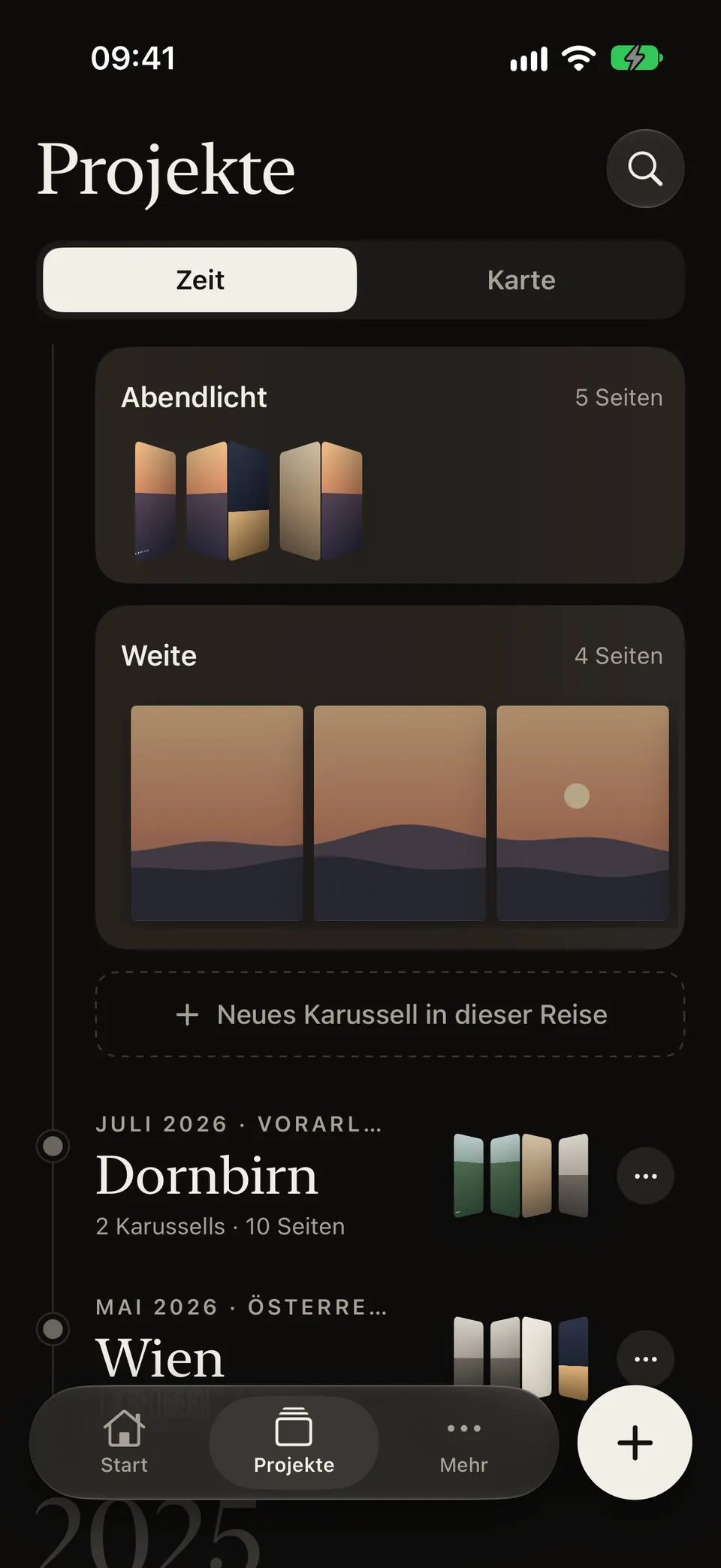 Das Karussell „Weite“ aufgefaltet in der Zeitleiste: ein Abendpanorama läuft über die Seiten.